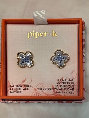 Piper Blue and Gold Floral Quatrefoil Stud Earrings